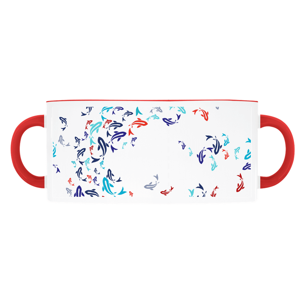 Karp, Koi Fish mug on a light blue background, with a red handle and rim.