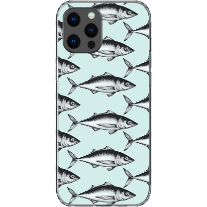 Fish pattern iPhone case with vintage design on light blue background.