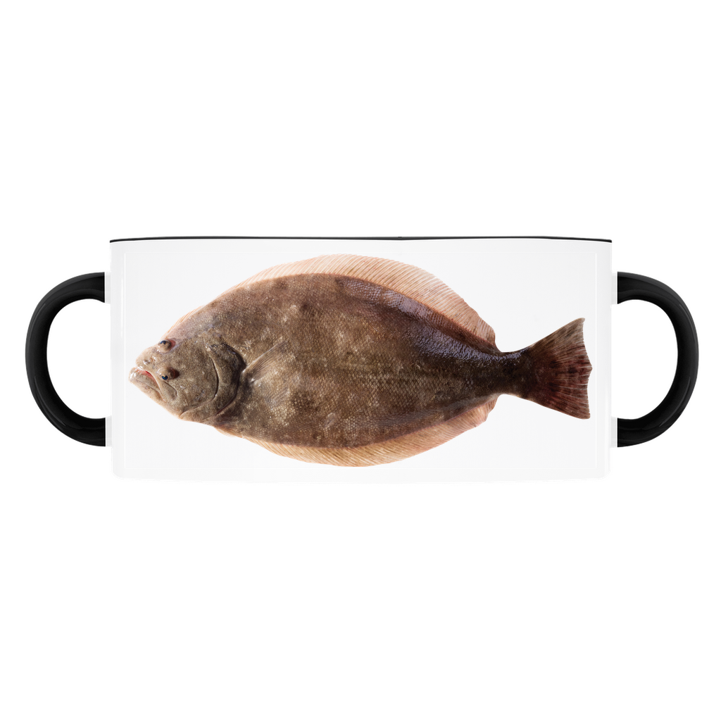 Winter Flounder accent mug with black handle and rim on white background.