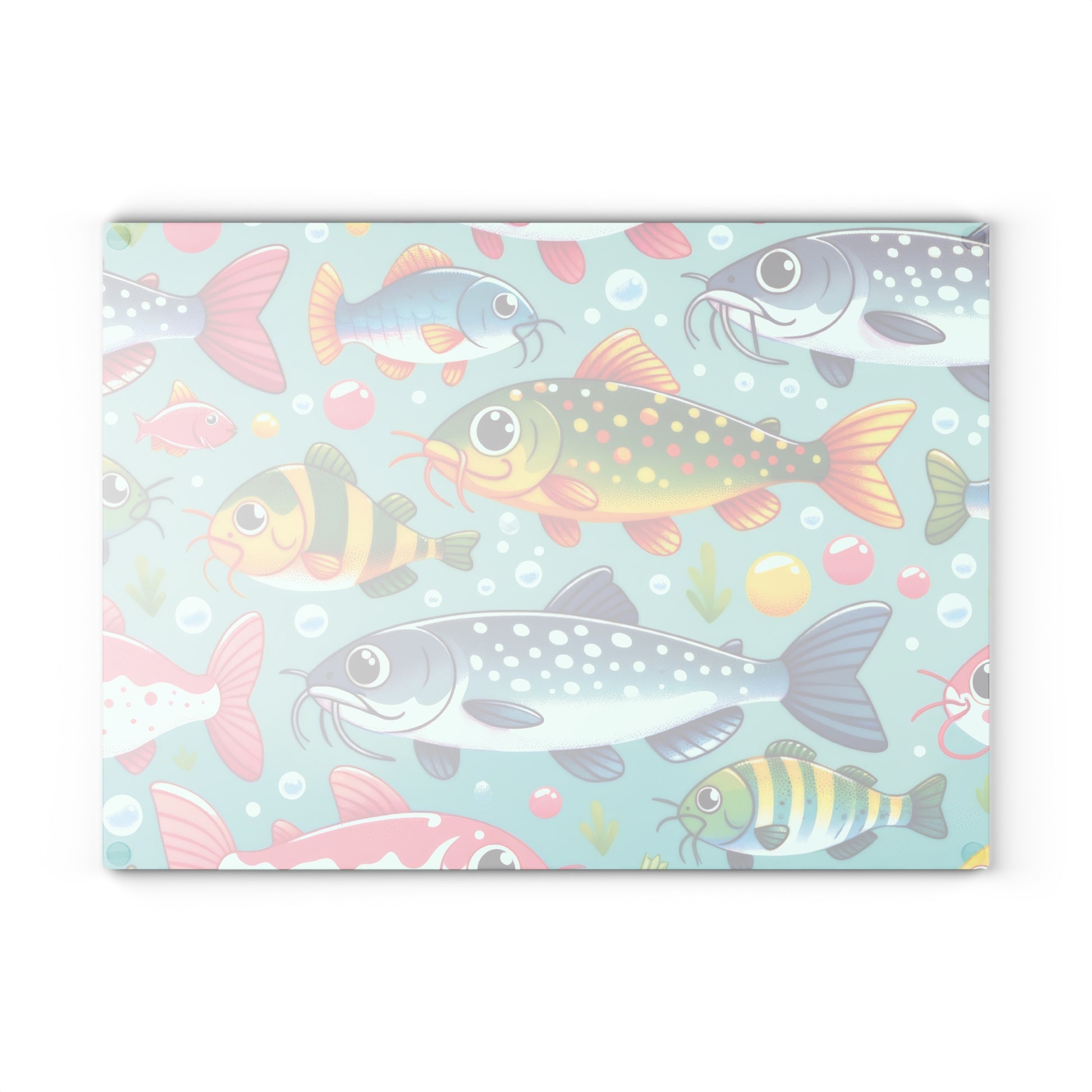 Colorful catfish and fish design on a glass cutting board with vibrant underwater theme.