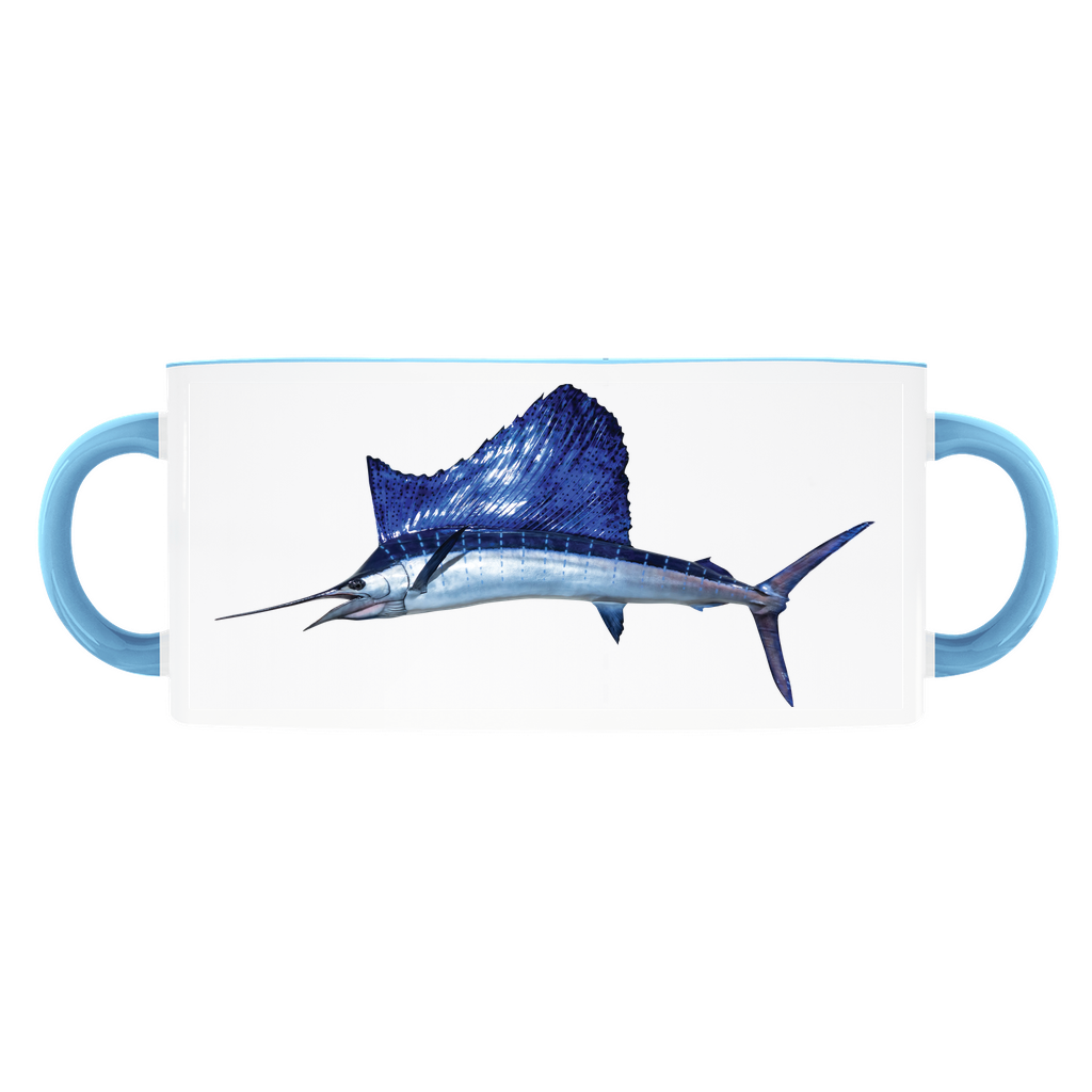 Sailfish accent mug with light blue handle and rim on white background.