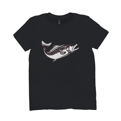 Black T-shirt with a black and white trout design; perfect for fishing, angling, and fish enthusiasts.