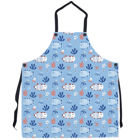 Cute fish decor design apron with playful marine life patterns in blue, white, and red; perfect for home chefs and seafood lovers