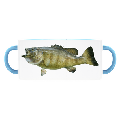 Smallmouth Bass accent mug with light blue handle and rim on white background.