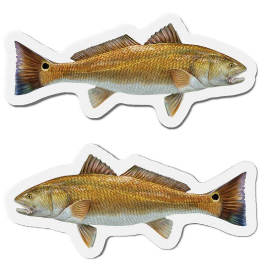 Red Drum fish shaped magnets for fridge décor, featuring left and right-facing designs for fishing enthusiasts.