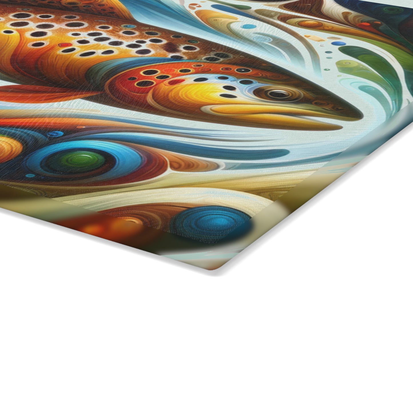 Colorful abstract brown trout design on a glass cutting board