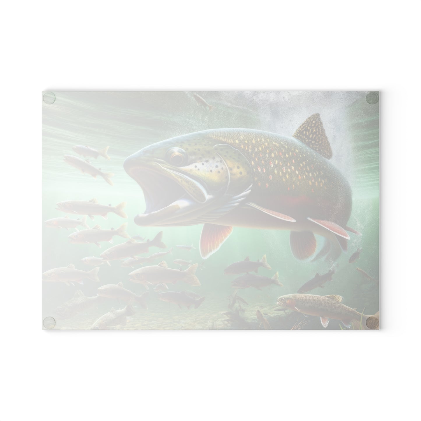 Brook Trout fish design on a glass cutting board for kitchen decor and food prep