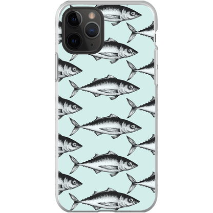 "iPhone case with fish pattern on light blue background"