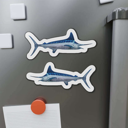 White Marlin fish shaped magnets on a fridge, perfect for fun kitchen décor and fishing fans.