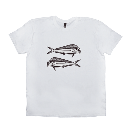 Mahi-Mahi T-Shirt with artistic black and white fish design, perfect for fishing and angling enthusiasts. Available in 100% cotton.