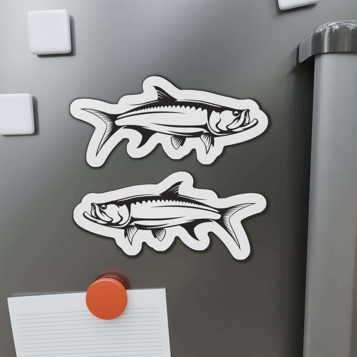 Tarpon fish-shaped magnets on a fridge, perfect for fish décor and fun fridge magnets enthusiasts.