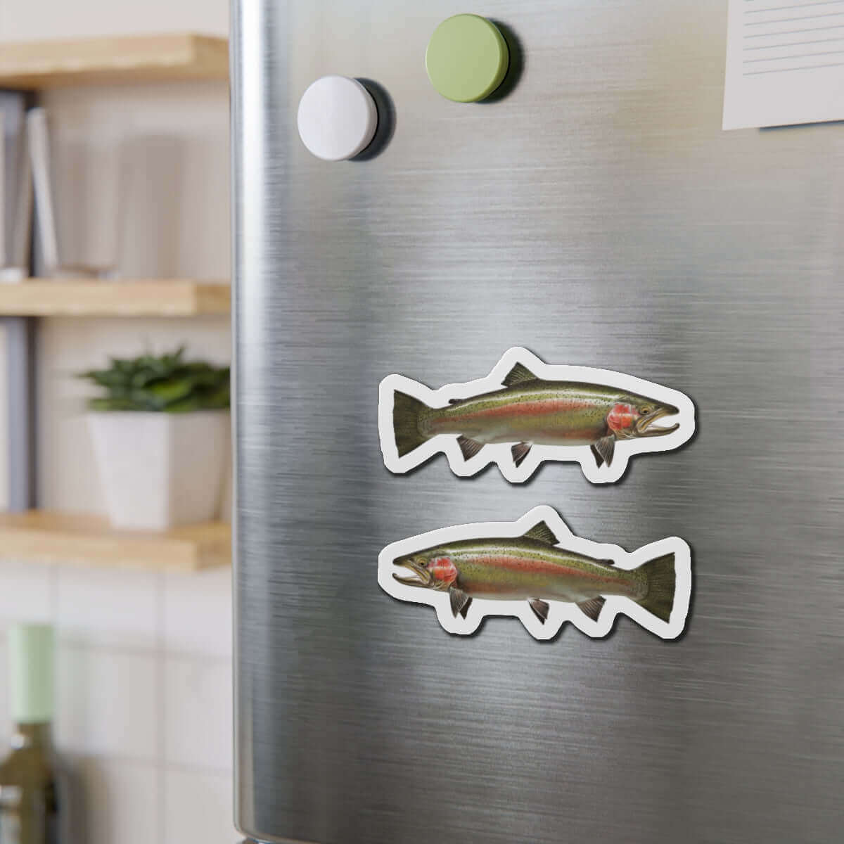 Steelhead Trout fish-shaped magnets on fridge for fish décor and fun kitchen accents