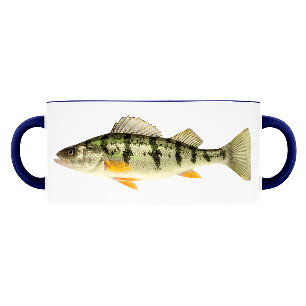Yellow Perch accent mug with dark blue handle and rim on white background.