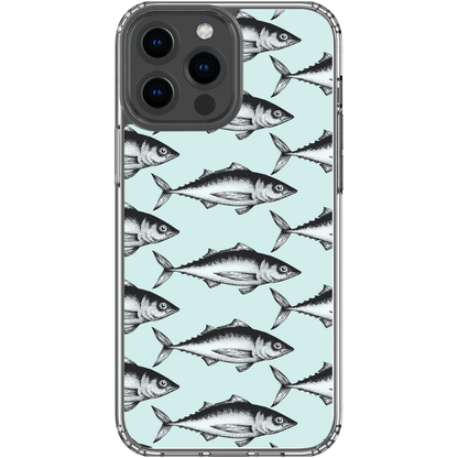 Phone case with black and white fish pattern on a light blue background.