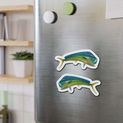 Mahi-Mahi fish-shaped magnets on a fridge surface, adding aquatic charm and stylish fish décor to the kitchen.