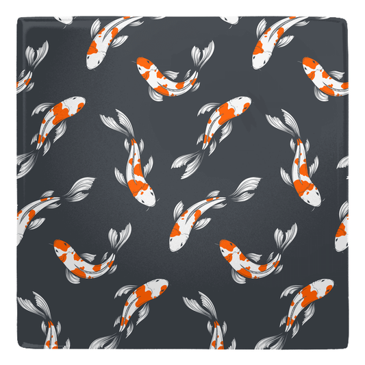 colorful koi fish décor with metal magnets swimming on a dark background