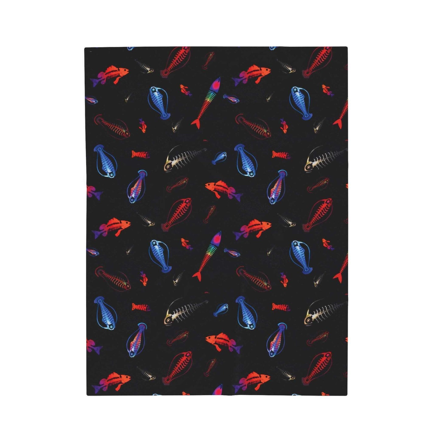 Glowing skeleton fish plush blanket with vibrant deep-sea creatures on a black background, perfect for adding underwater wonder to any room.