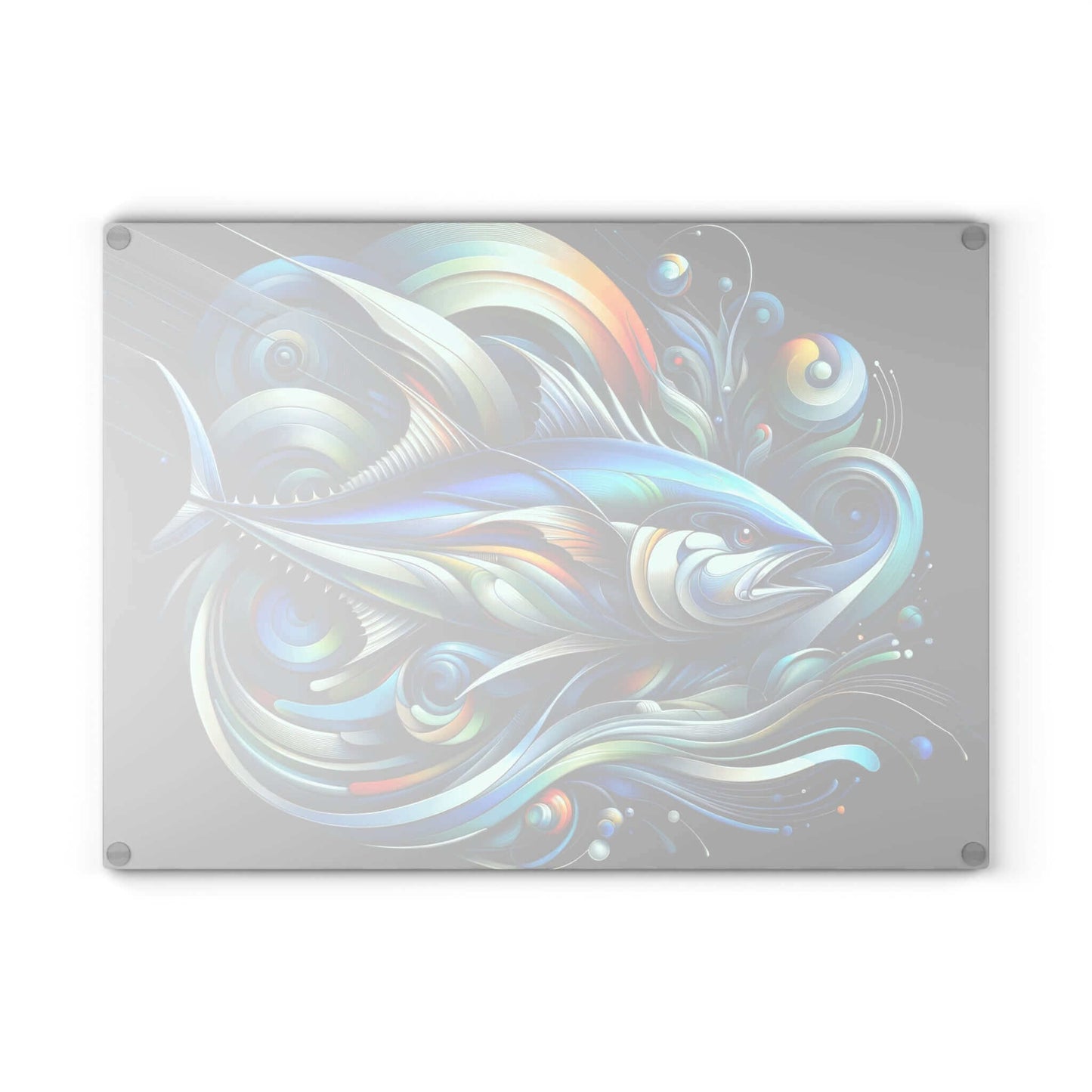 Vibrant Bluefin Tuna Glass Cutting Board showcasing colorful fish design with swirls, perfect for kitchen decor or food prep