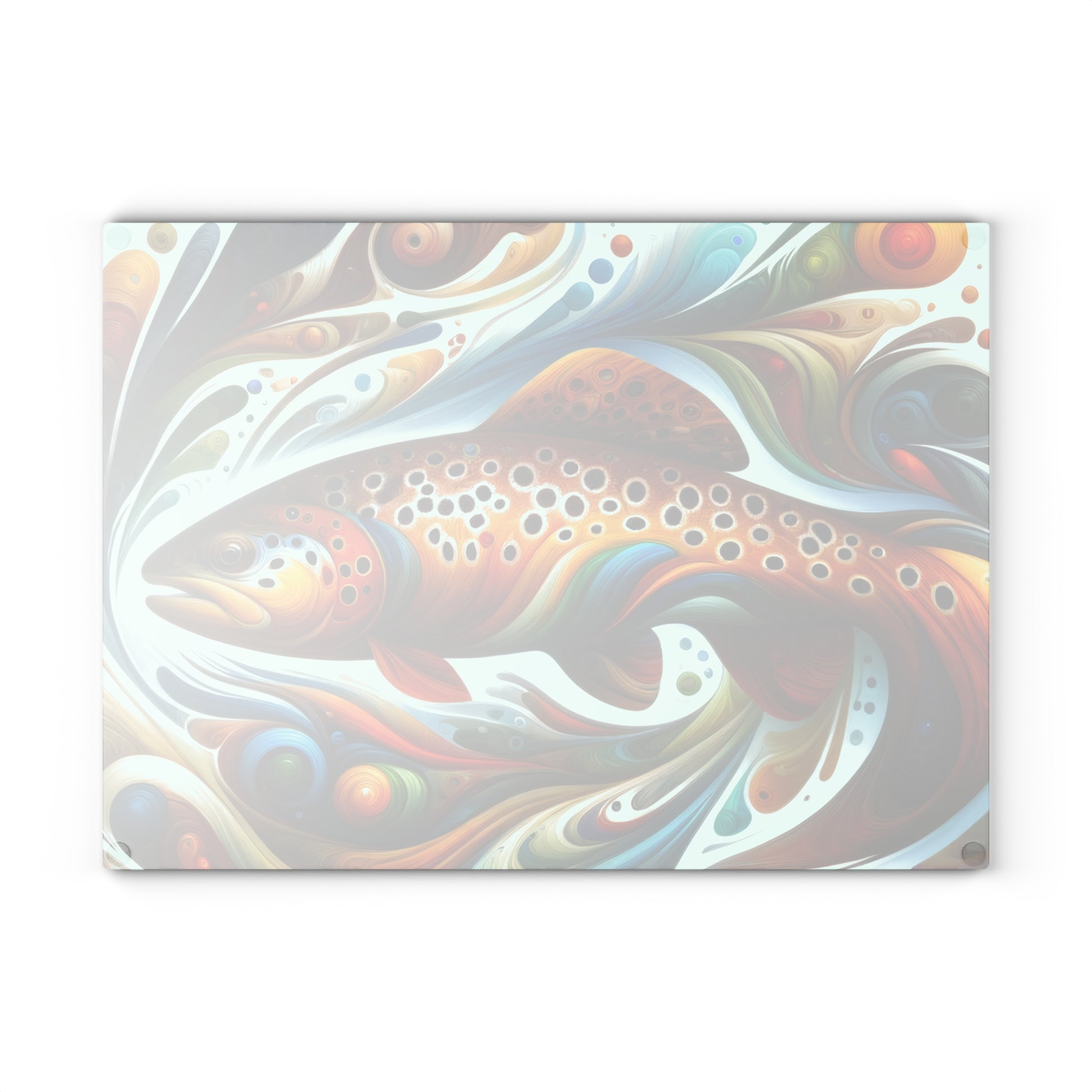 Brown Trout Psychedelic Abstract Glass Cutting Board with vibrant fish design