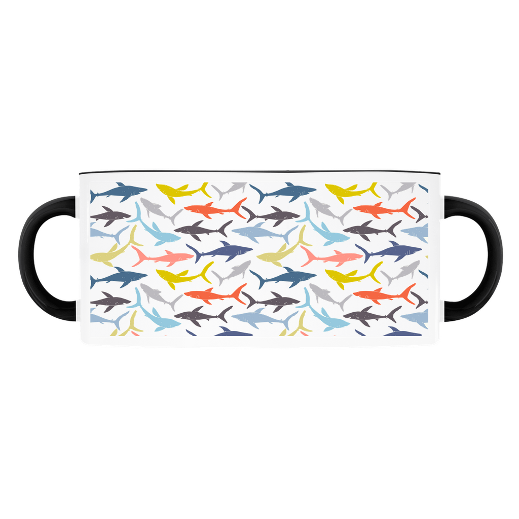 Colorful Reef Sharks Pattern mug on a light blue background, with a red handle and rim.