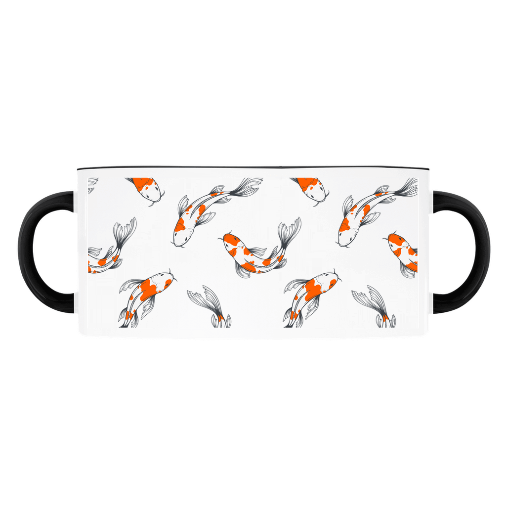 Koi Fish mug on a light blue background, with a red handle and rim.