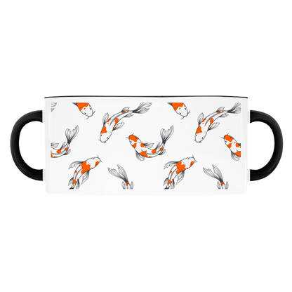 Koi Fish mug on a light blue background, with a red handle and rim.