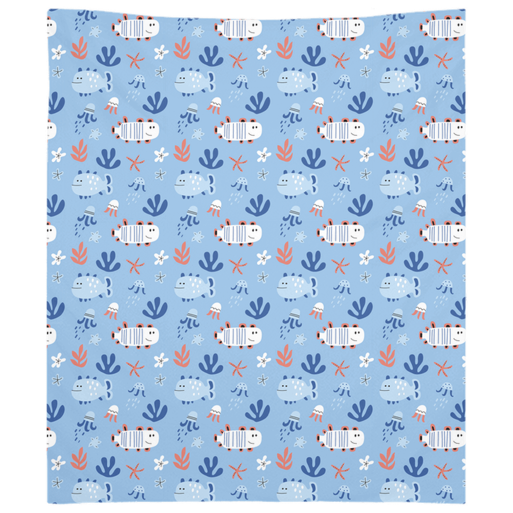 Cute fish decor wall tapestry with playful fish prints on a soft blue background, perfect for adding charm to any room.