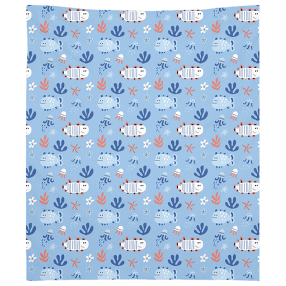 Cute fish decor wall tapestry with playful fish prints on a soft blue background, perfect for adding charm to any room.