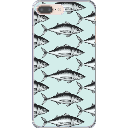 Phone case with a pattern of illustrated fish on a light blue background.