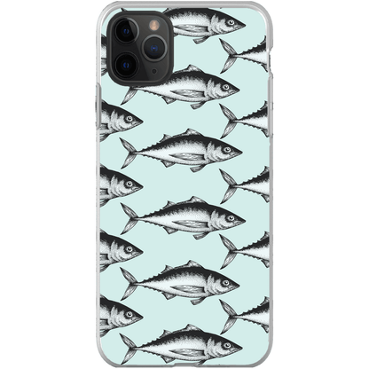 Phone case with vintage fish illustrations on light blue background, ideal for marine life enthusiasts.