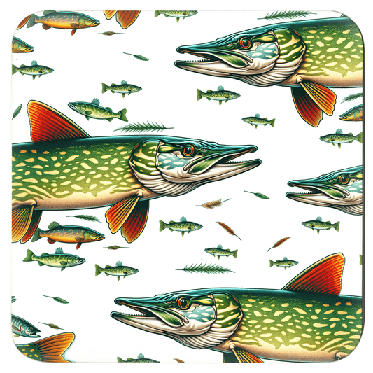 Northern Pike fishing coasters with vibrant fish design, perfect for fish drink coasters or decorative drink coasters. Pack of 6.