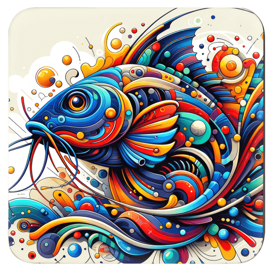 Vibrant Catfish design on a colorful drink coaster, perfect for fishing enthusiasts and fun table decor.