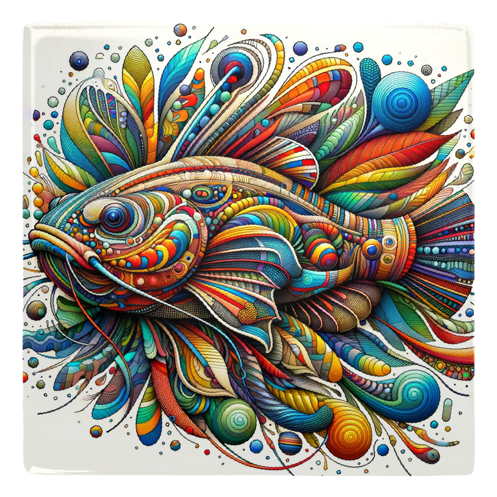 Abstract catfish art on a colorful metal magnet, perfect for adding a splash of marine life to any magnetic surface.