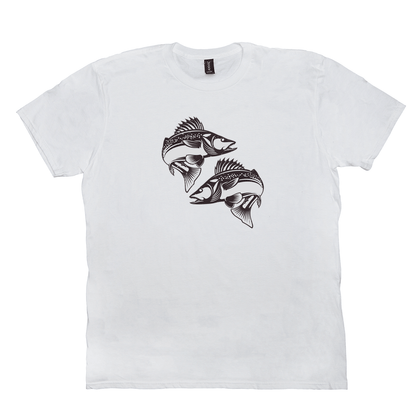 White Walleye T-Shirt with black and white fish design, ideal for fishing and angling enthusiasts.