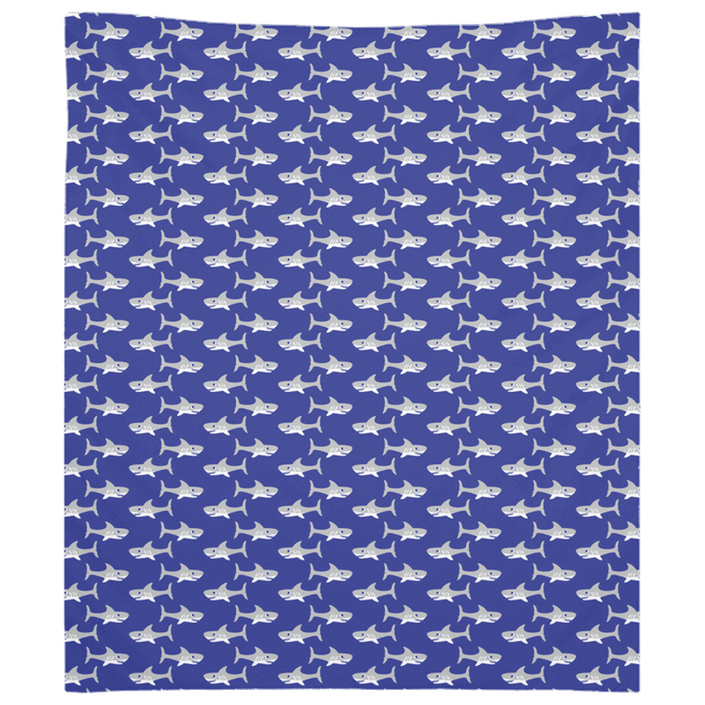 Cute shark pattern wall tapestry for fish wall art decor in vibrant blue.