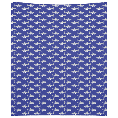 Cute shark pattern wall tapestry for fish wall art decor in vibrant blue.