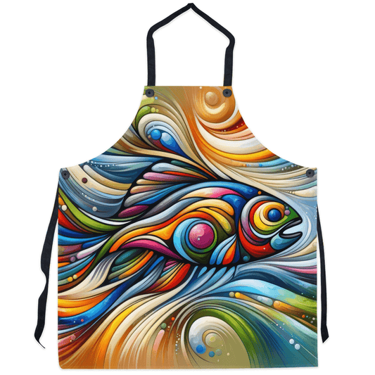 Psychedelic Bass Apron with vibrant, abstract fish design for colorful kitchens and art-loving anglers.