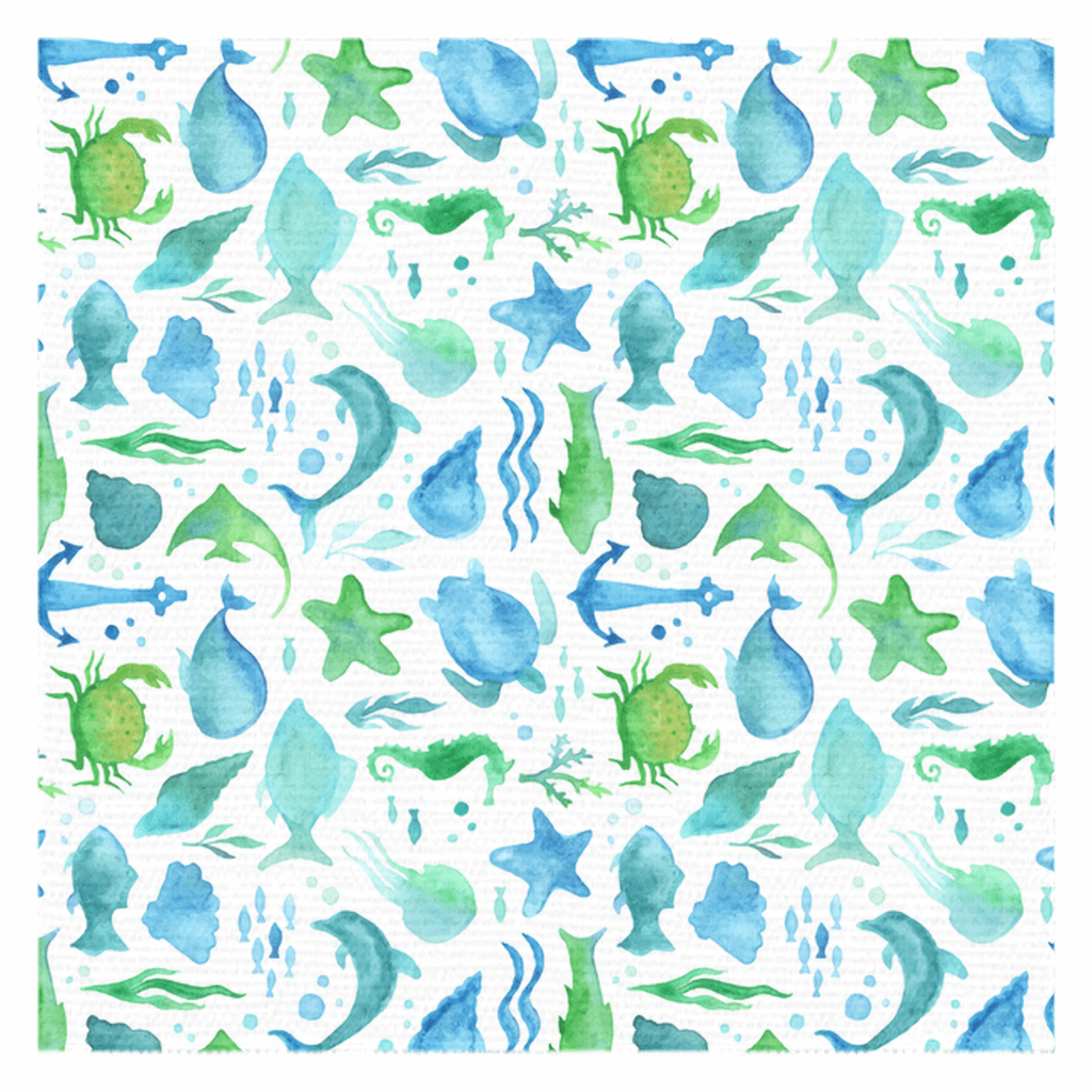 Watercolor Sealife Maritime Tablecloth with blue and green aquatic designs, featuring fish, starfish, and sea plants.