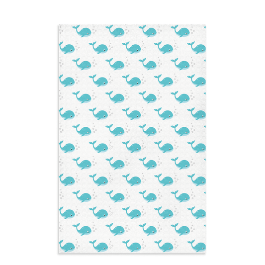 Cute whale design dish towel with playful ocean pattern, perfect for adding fun to your kitchen decor while drying dishes.