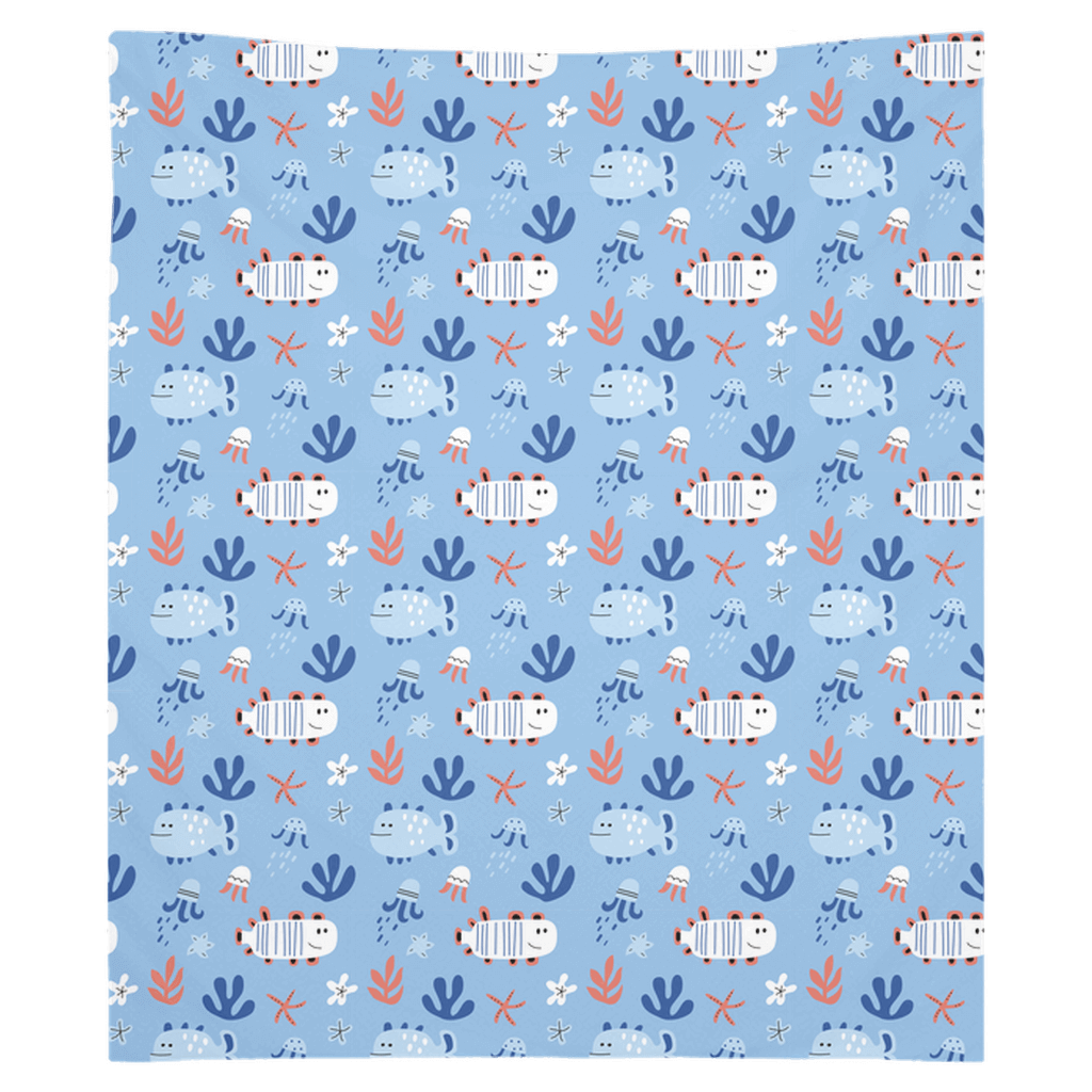 Colorful fish wall art tapestry with cute fish design on blue background showing hand-sewn edges and vibrant print.