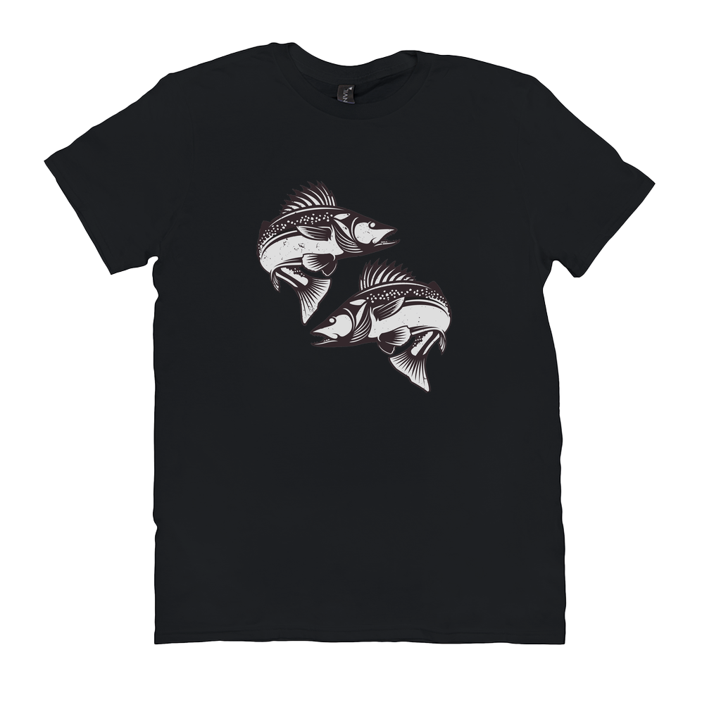 Black Walleye T-Shirt featuring black and white fish design, perfect for fishing enthusiasts and anglers. 100% cotton for comfort and durability.