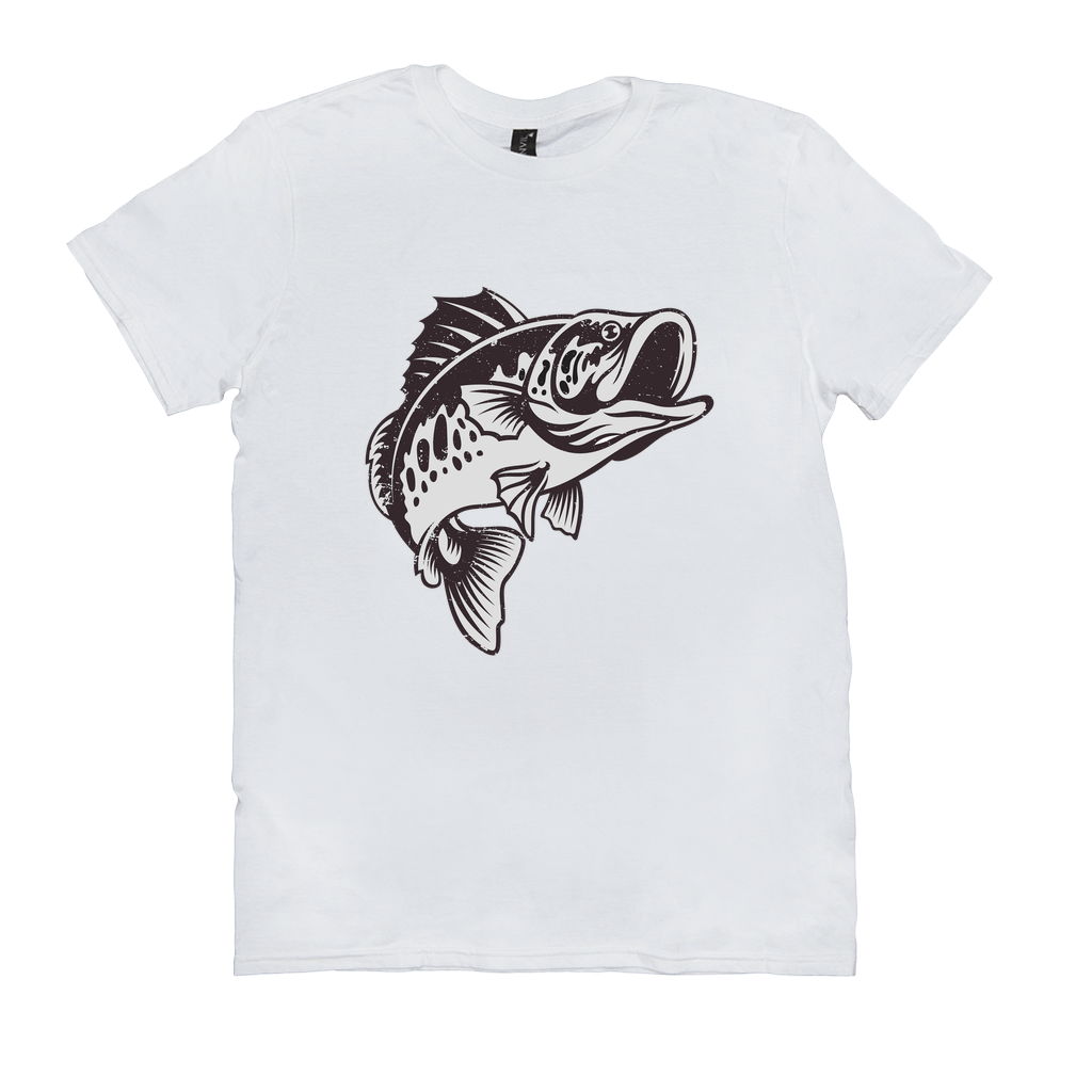 Smallmouth Bass T-Shirt with black and white fish design for anglers and fishing enthusiasts