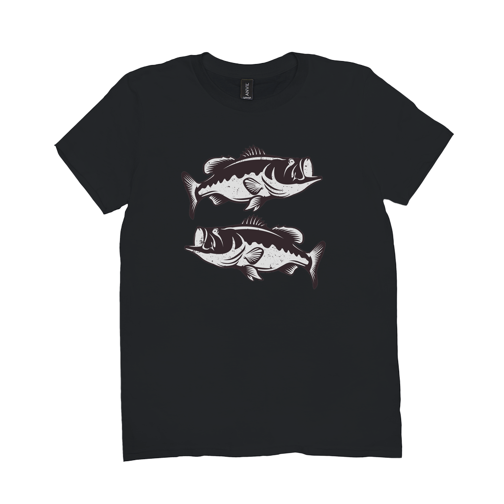 Largemouth Bass fishing t-shirt with black and white game fish design, perfect for anglers, made from 100% cotton for comfort and durability