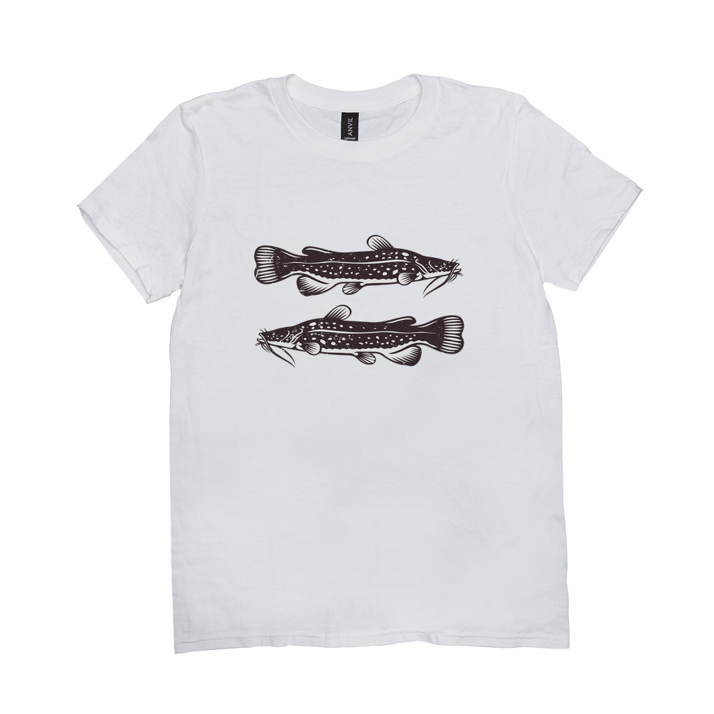 Flathead Catfish T-Shirt with black and white fish design, perfect for fishing enthusiasts and anglers.