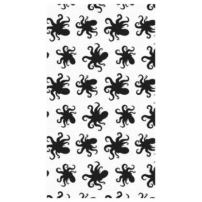 Black and white octopus design tablecloth, perfect for adding a coastal touch to your dining or outdoor table, durable and easy to clean.