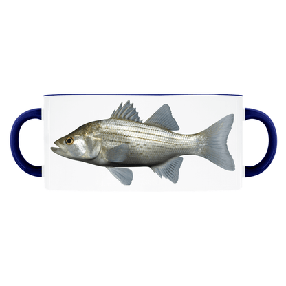 White Bass accent mug with dark blue handle and rim on white background.