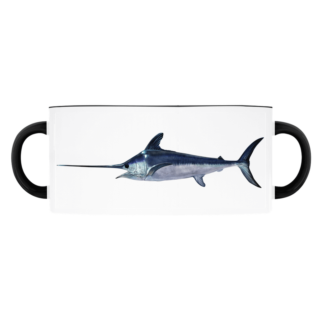 White mug featuring a swordfish illustration with black handles on both sides.