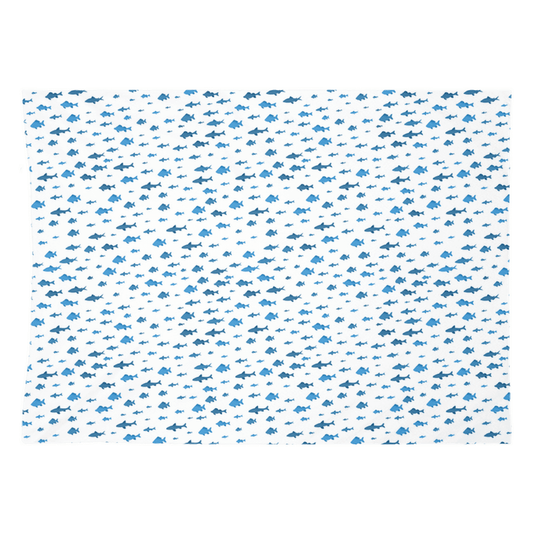 Fish and shark pattern wall tapestry with vibrant blue design on white background, perfect for fish wall art decor.