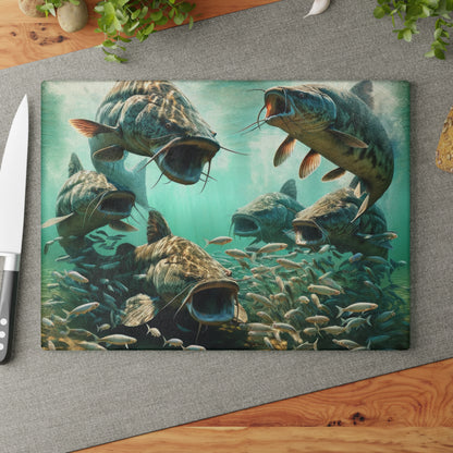 Colorful catfish design on durable glass cutting board for stylish kitchen decor and food prep.