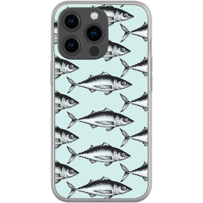 iPhone case with vintage fish pattern on a light blue background.